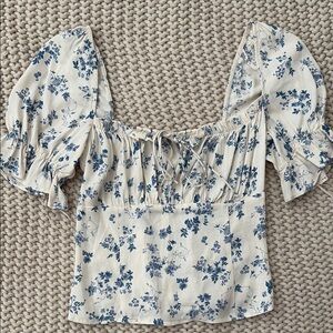 Reformation Blue and White Ruched Puff Sleeve Blouse